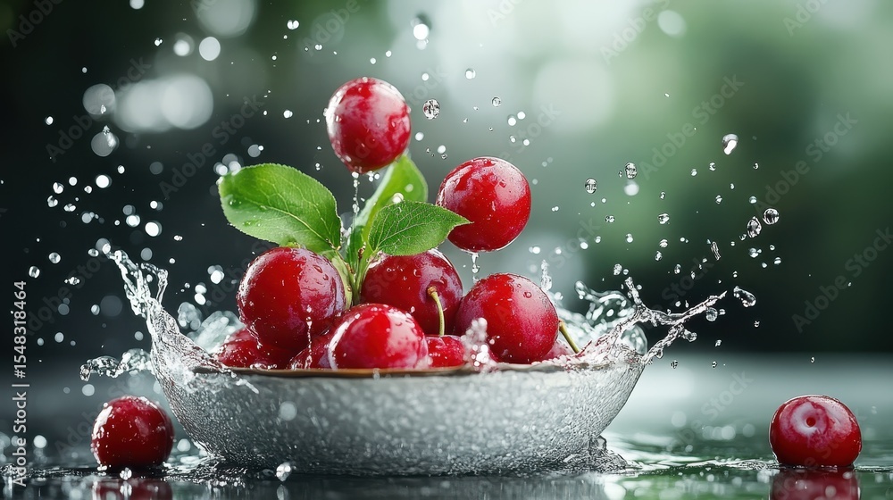 Poster a stunning visual of ripe red cherries splashing into water, creating an artistic view that highligh