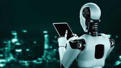 Future financial technology controll by AI robot huminoid uses machine learning and artificial intelligence to analyze business data and give advice on investment and trading decision . 3D rendering . - Powered by Adobe