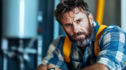 Obraz premium A rugged man with a beard, dressed in a plaid shirt, sits with a thoughtful expression, portraying strength and resilience in a contemporary urban setting.