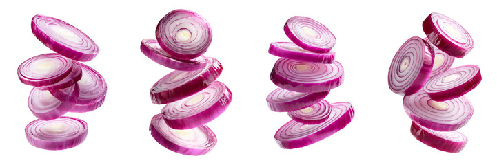 Floating Red Onion Slices – Fresh Purple Onion Rings Isolated on Transparent Background