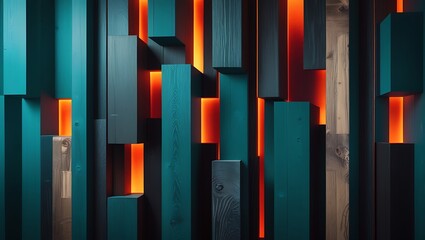 Fototapeta premium Abstract teal and brown wood block wall with orange lighting