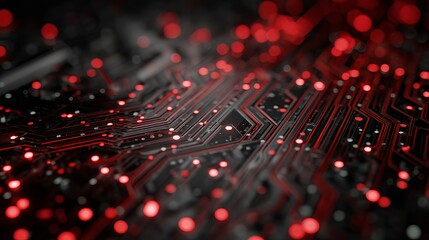 Abstract Red Circuit Board Technology Background Digital Art Futuristic Design High Tech Electronic Network Innovation Modern Graphic Red Lights Pattern Texture Closeup  