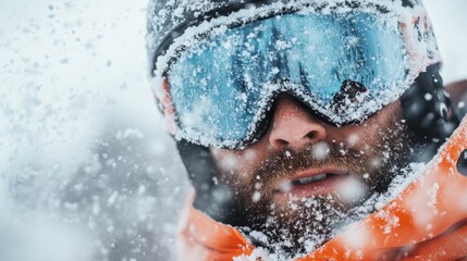 This dynamic image captures a snowboarder braving a fierce snowstorm, with swirling snowflakes creating an exhilarating atmosphere of adventure and winter sports excitement.