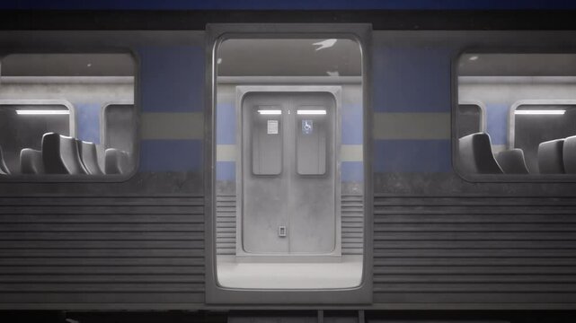 Subway train enters empty platform, stops, opens and closes doors, then leaves. Static horizontal shot with clear platform and gray-blue metallic train.