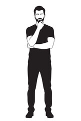 Flat black silhouette of man standing full body, front view, holding chin in thoughtful pose, thinking gesture on white background PNG