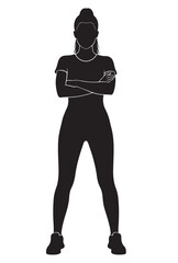 Flat black silhouette of athlete woman standing full body, front view, arms crossed confidently, sporty pose on white background PNG