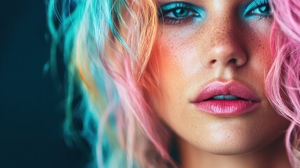 A mesmerizing close-up of a woman's face with vibrant, multi-colored hair and striking makeup showcases her unique beauty and artistic expression, inviting admiration and intrigue.
