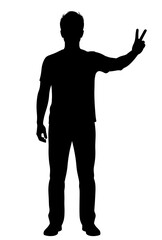 Flat black silhouette of man standing full body, front view, making peace sign with one hand, calm gesture on white background PNG