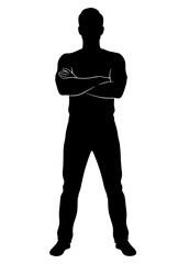 Flat black silhouette of man standing full body, arms crossed over chest, front-facing view on white background PNG