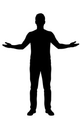 Flat black silhouette of man standing full body, front view, both hands extended forward as if presenting or offering something on white background PNG
