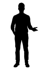 Flat black silhouette of man standing full body, one hand in pocket and other gesturing, front view on white background PNG