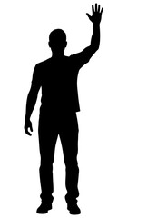 Flat black silhouette of man standing full body, front view, one hand raised in greeting on white background PNG