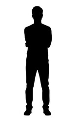Flat black silhouette of man standing full body, front view, holding chin in thoughtful pose, thinking gesture on white background PNG