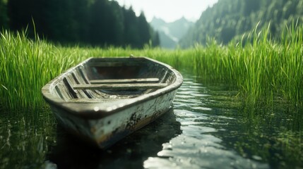 An abandoned rowboat rests on tranquil waters surrounded by lush greenery, invoking feelings of solitude and reflection amidst nature's serene beauty and peaceful surroundings.