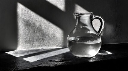 the grayscale image features a glass container holding liquid. the container, with a handle, sits on a flat surface against textured walls