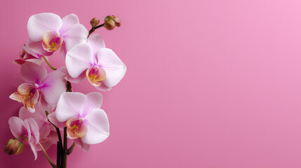 Obraz na płótnie Canvas The top view of an orchid flower on a pink background offers a minimalist flat lay with text space.