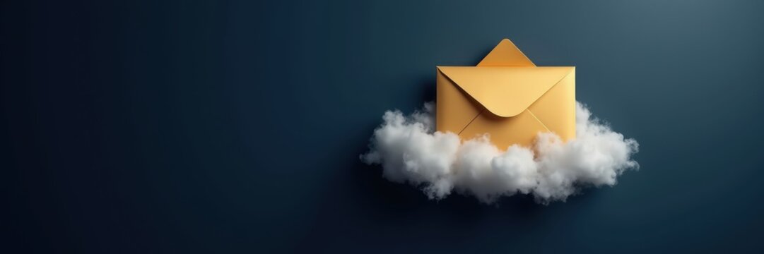 A vibrant yellow envelope rests atop a fluffy cloud, set against a deep blue background, symbolizing communication and creativity in a digital age.