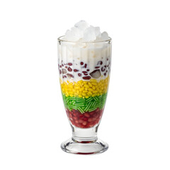 A colorful, layered glass of Vietnamese three-color dessert, Che Ba Mau, on isolated transparent background, a classic sweet and refreshing treat.