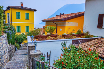 The road in old mountain village Gandria among historic houses, Switzerland