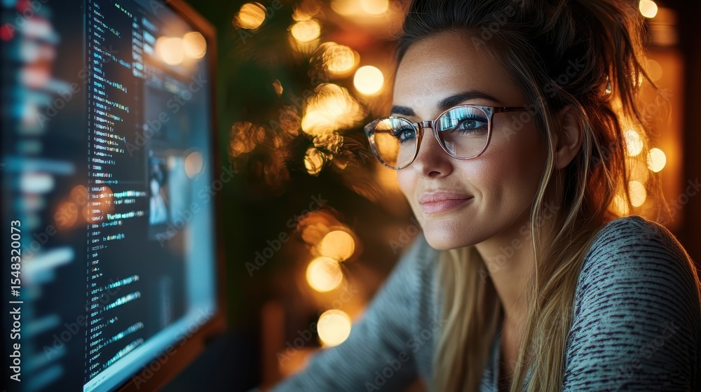 Poster a dedicated woman intensely focuses on her computer screen at night, showcasing a passionate commitm