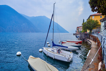 The small boatyard with tied up yachts, Lugano Lake in Gandria, Switzerland