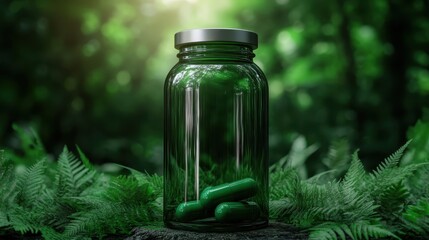 A green pill bottle elegantly placed amidst lush greenery, illustrating the connection between health and nature, highlighting the importance of wellness and herbal remedies.