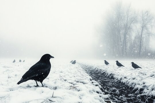 Black crow stands prominently in a snowy field, surrounded by other birds, with a foggy atmosphere creating a serene winter landscape and a sense of tranquility