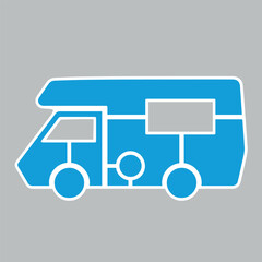 Blue Vector Icon sticker of the motorhome Vector monochrome illustration of a camper van icon isolated on white background