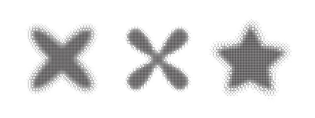 Set of black abstract halftone dot pattern shapes for modern graphic design isolated on white background vector illustration