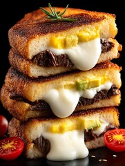 the image captures a stack of three sandwiches against a dark background