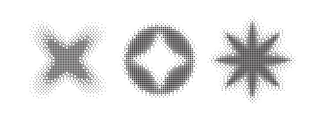 Set of black abstract halftone pixelated shapes for creative design elements isolated on white background vector illustration
