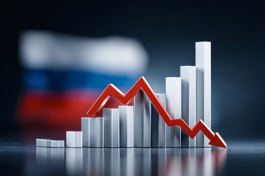 A red arrow dramatically plunges downwards, overlaid on a bar graph representing a significant economic decline, with a blurred Russian flag in the background.