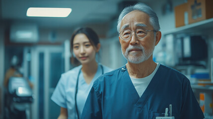 Fototapeta premium A real-life close-up photo of a Korean man in his 60s doing walking rehabilitation exercises inside an apartment, supported by a Korean physical therapist in his 20s, capturing care, recovery․
