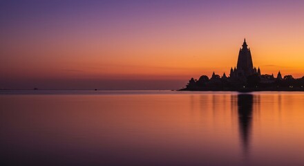 Fototapeta premium Ancient Riverside Temple Silhouetted at Sunset with Reflecting Water and Golden Sky – Peaceful Historical Landmark in South Asia for Travel, Culture, and Landscape Concepts