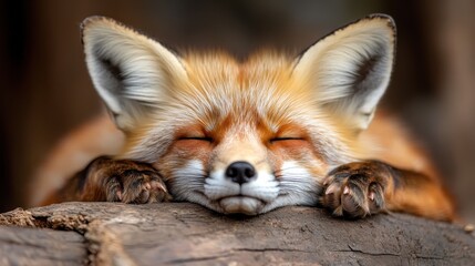 Fototapeta premium A tranquil red fox sleeps peacefully on a log, embodying purity, relaxation, and harmony with nature, surrounded by soft textures and earth tones in a natural habitat.