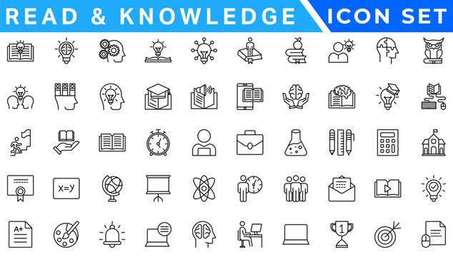 Set of 100 outline icons related to knowledge. Linear icon collection. Editable stroke. Vector illustration