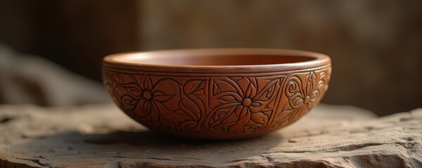 Elegant handcrafted pottery bowl with intricate floral designs, showcasing artisanal craftsmanship and natural earth tones.