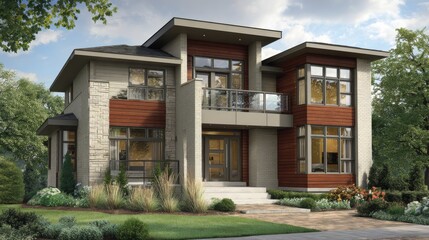 Premium image of contemporary two story house with angular roof and balcony.