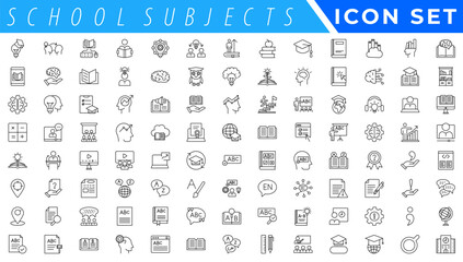  Outline icons related to school subjects. Linear icon collection. Editable stroke. Vector illustration