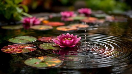 the image showcases a serene pond filled with circular lily pads and vibrant, pink blossoms. droplets of water are suspended mid air, creating ripples on the pond's surface