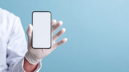 doctor's hand with white smartphone screen on blue background, mock up, copy space, banner