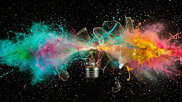 Shattered light bulb exploding with colorful paint against black background  