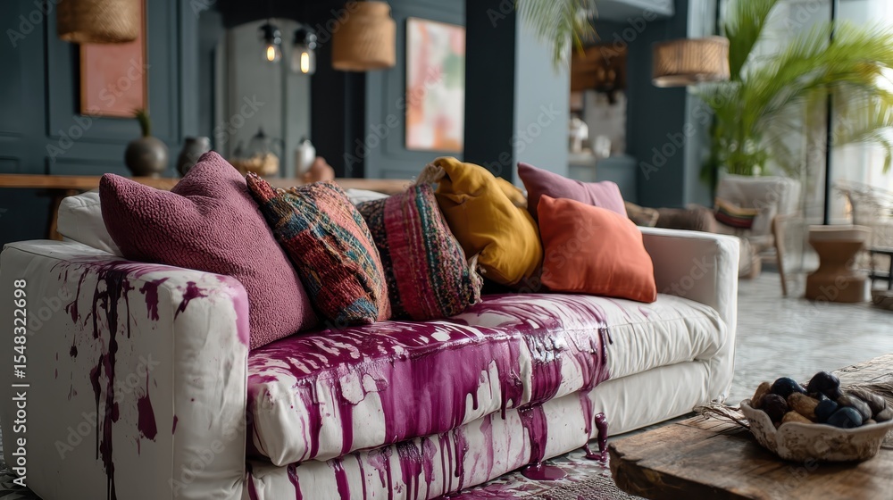 Poster a stylish white sofa adorned with colorful pillows is artistically splashed with paint, creating a v