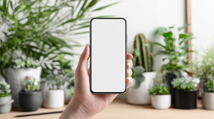 hand with white smartphone screen, mock up, copy space