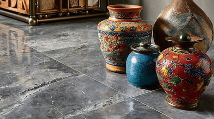 the image shows a collection of decorative ceramic vessels displayed on a smooth surface. there are four vessels in total, each with unique colors, shapes, and surface textures