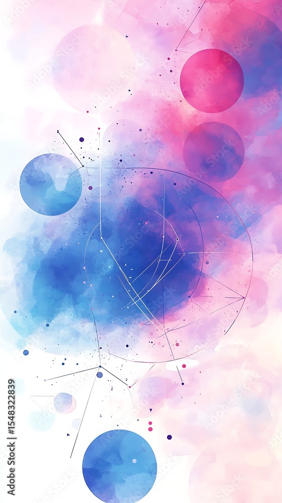 Poster fluid abstract watercolor circles and geometric line pattern forming an interconnected artistic flow