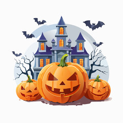 Vector Illustration of a Spooky Halloween Scene Featuring a Jack-o&rsquo;-Lantern, Haunted Mansion, Bats, Pumpkins, and Eerie Atmosphere in Orange and Black; Perfect for Holiday Graphics and Designs