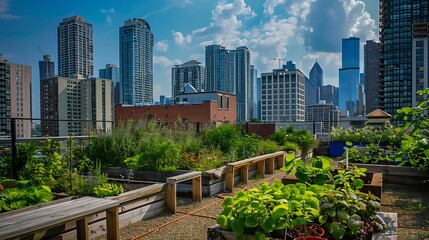 Fototapeta premium A rooftop garden with raised beds and lush greenery against a backdrop of city skyscrapers and blue sky .