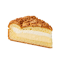 A sweet slice of traditional German Bienenstich, or Bee Sting Cake, with an almond topping on isolated transparent background, a classic coffee cake.