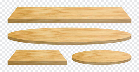 Wood Table Top Set – Realistic 3D Round and Rectangle Wooden Surface for Product Display or Interior Design, Isolated on Transparent Background. Vector.